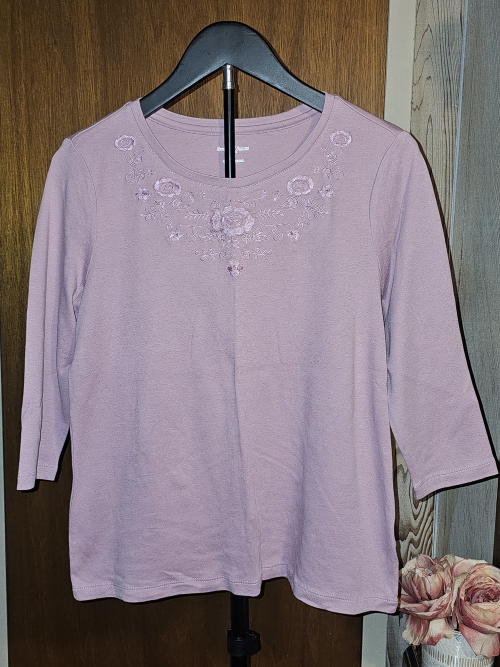Studio Works Dusty Rose Embroidered Scoop Neck Long Sleeve Petite Top